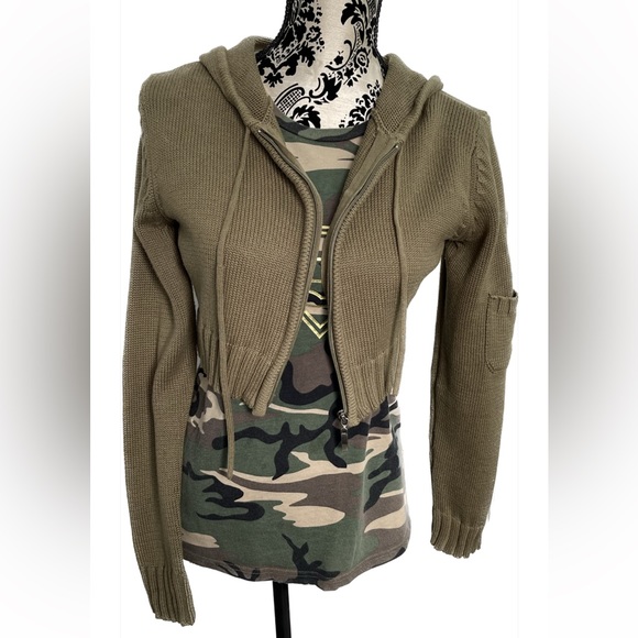 ⛷️Olive Green Long Sleeve Crop Front Hooded Sweater Sz L - Picture 7 of 10